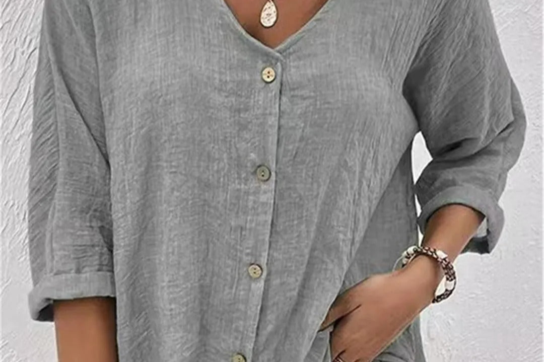 Women's V-Neck Button-Front Top with 3/4 Sleeves and Relaxed Fit