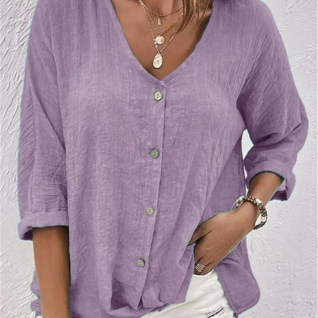 Women's V-Neck Button-Front Top with 3/4 Sleeves and Relaxed Fit