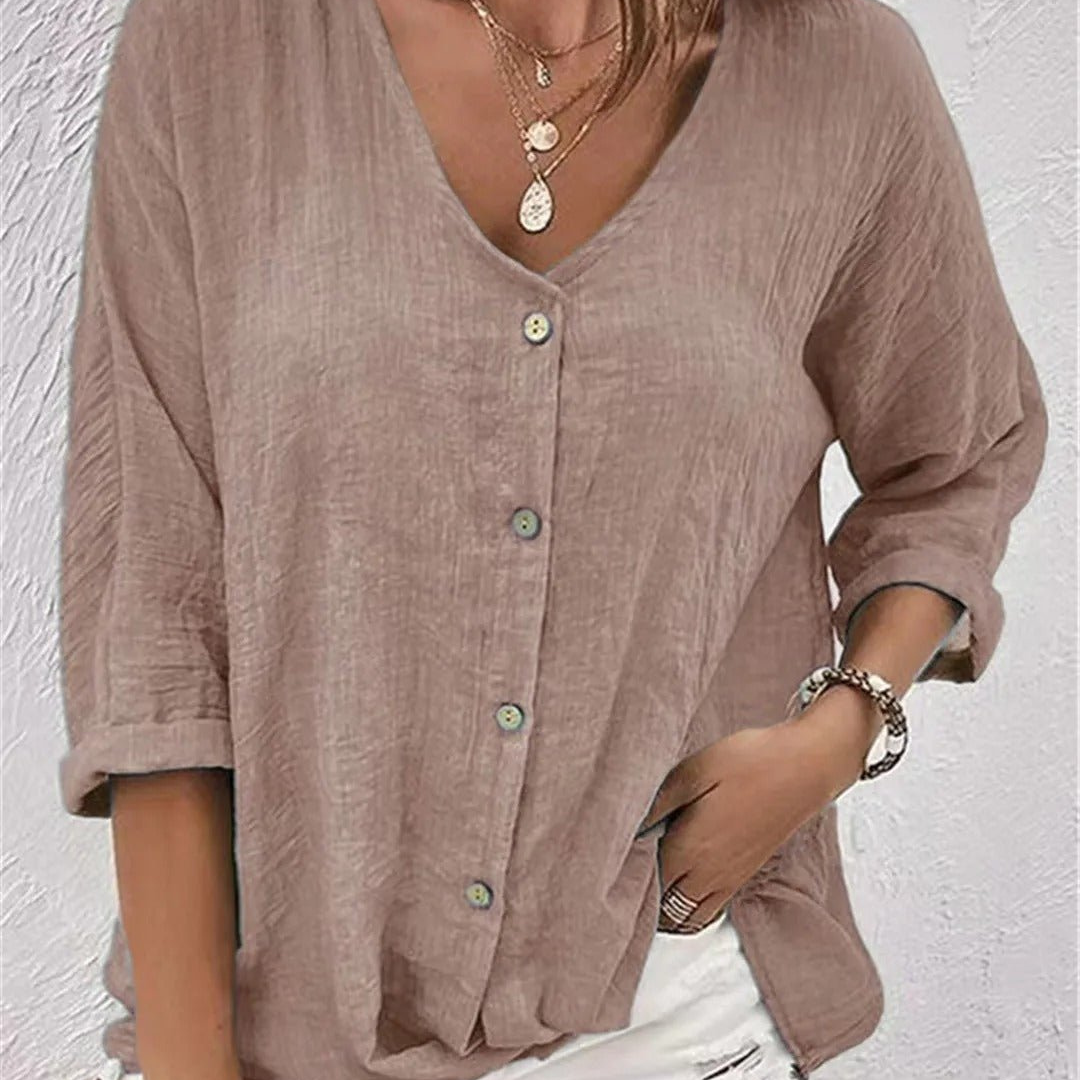 Women's V-Neck Button-Front Top with 3/4 Sleeves and Relaxed Fit