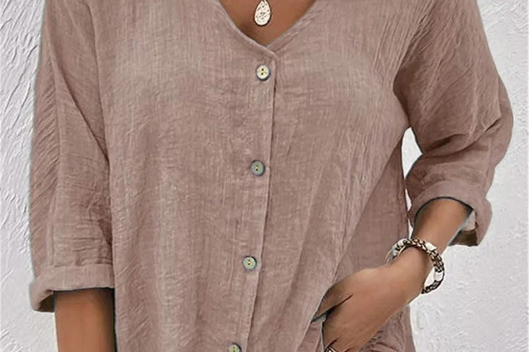 Women's V-Neck Button-Front Top with 3/4 Sleeves and Relaxed Fit