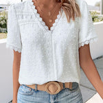 Blouse | Boho V-Neck Lace Summer Top | Charming Relaxed Fit Puff Sleeve Top 0