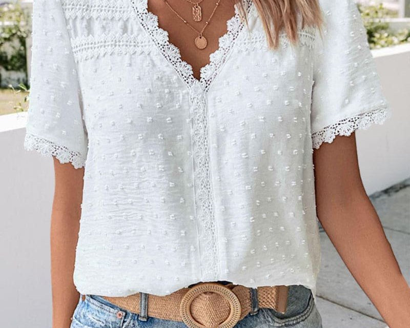 Blouse | Boho V-Neck Lace Summer Top | Charming Relaxed Fit Puff Sleeve Top 0