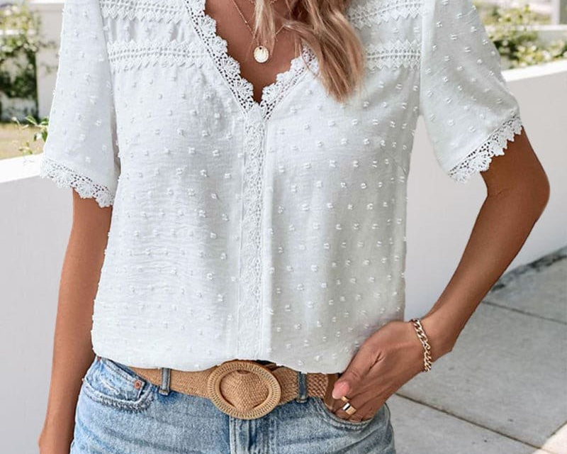 Blouse | Boho V-Neck Lace Summer Top | Charming Relaxed Fit Puff Sleeve Top 1