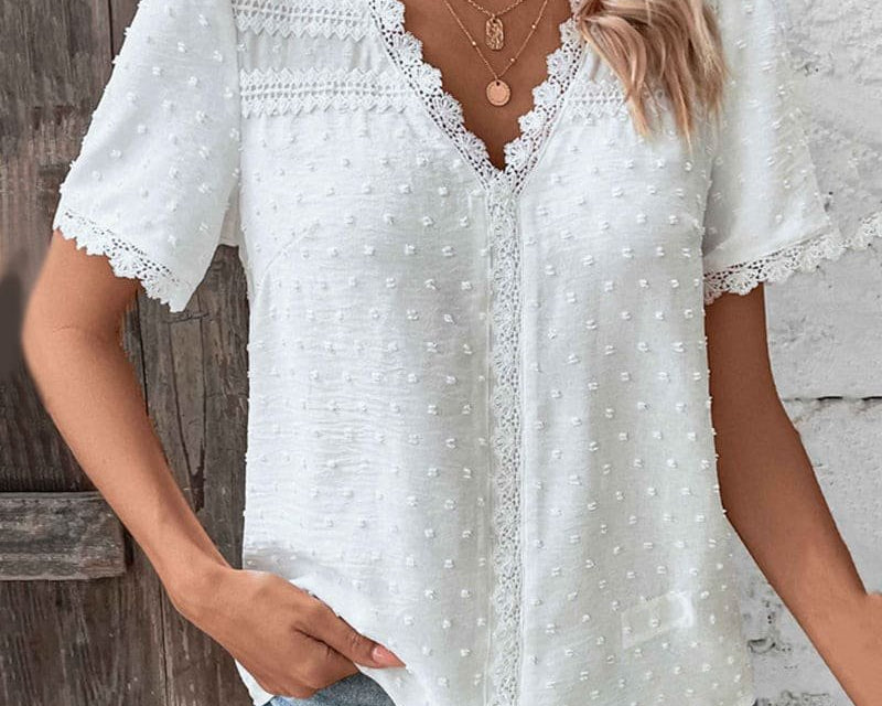 Blouse | Boho V-Neck Lace Summer Top | Charming Relaxed Fit Puff Sleeve Top 2