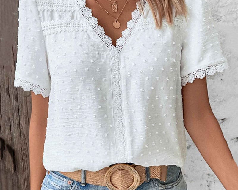 Blouse | Boho V-Neck Lace Summer Top | Charming Relaxed Fit Puff Sleeve Top 3