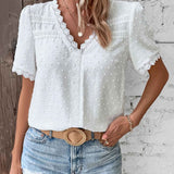Blouse | Boho V-Neck Lace Summer Top | Charming Relaxed Fit Puff Sleeve Top 4