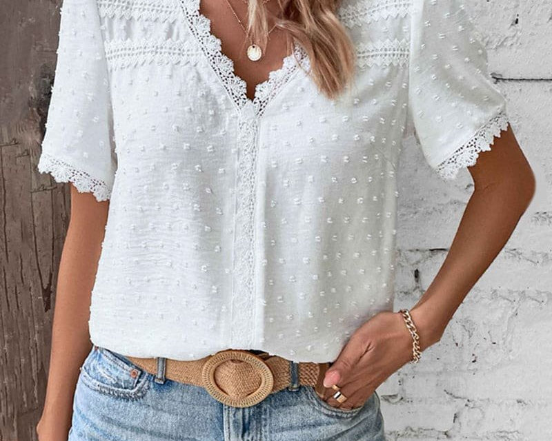 Blouse | Boho V-Neck Lace Summer Top | Charming Relaxed Fit Puff Sleeve Top 4