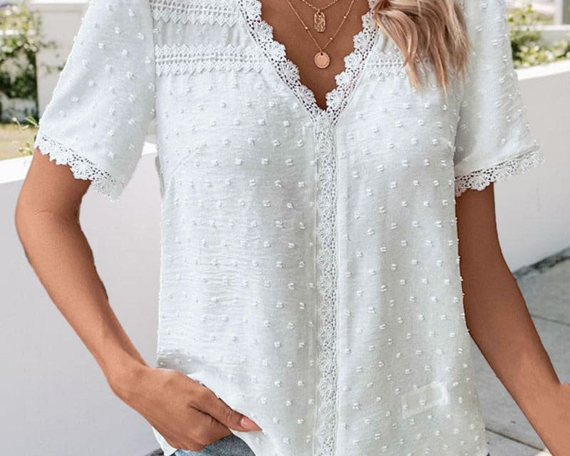 Blouse | Boho V-Neck Lace Summer Top | Charming Relaxed Fit Puff Sleeve Top 6