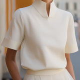 Blouse | Elegant Mock Neck Design | Short Sleeve Top | Relaxed Fit Stylish 0