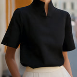 Blouse | Elegant Mock Neck Design | Short Sleeve Top | Relaxed Fit Stylish 4