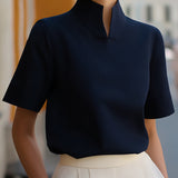 Blouse | Elegant Mock Neck Design | Short Sleeve Top | Relaxed Fit Stylish 5