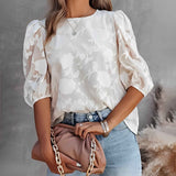 Blouse | Floral Jacquard Summer Top | Elegant Puff Sleeve Design 0