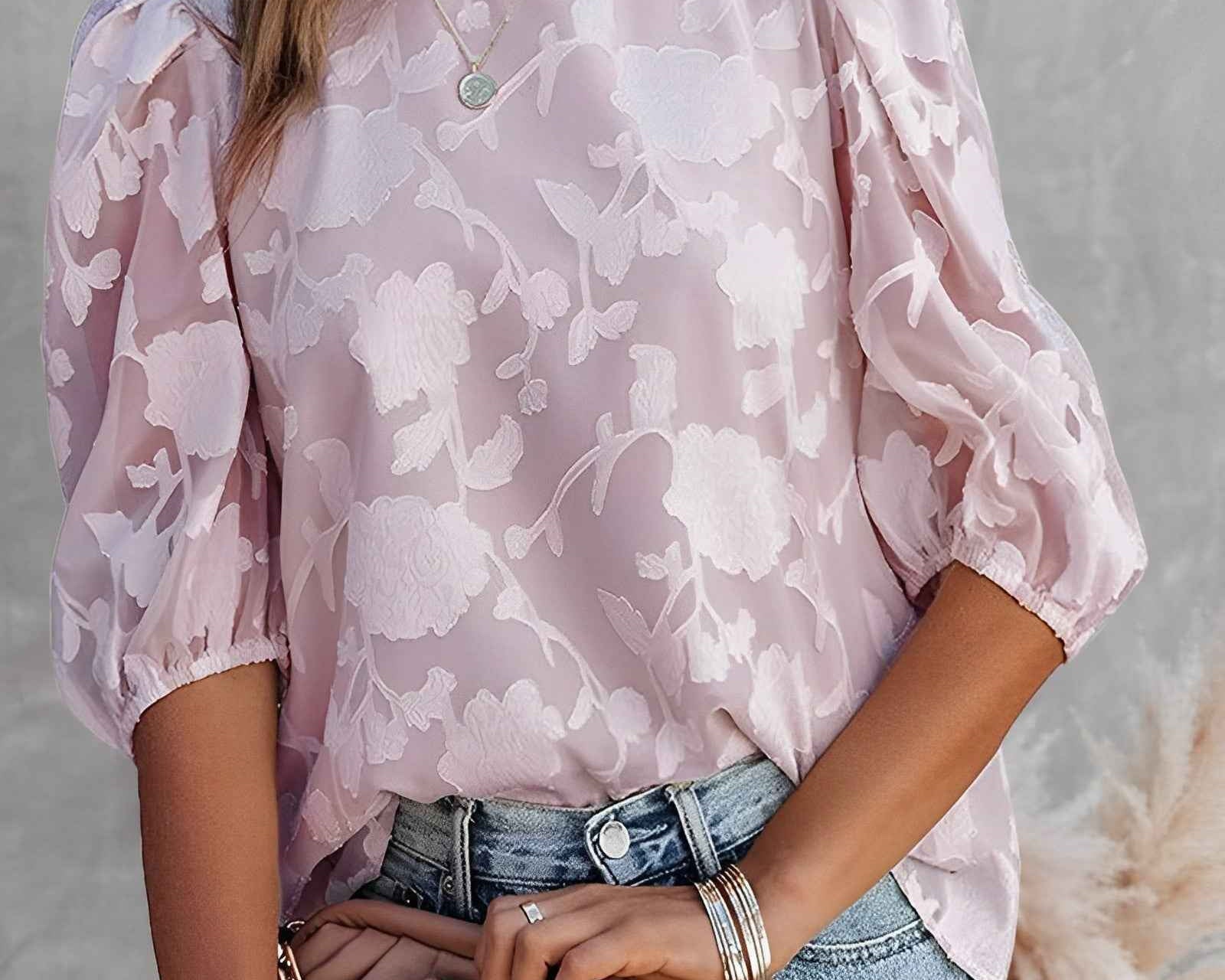 Blouse | Floral Jacquard Summer Top | Elegant Puff Sleeve Design 1