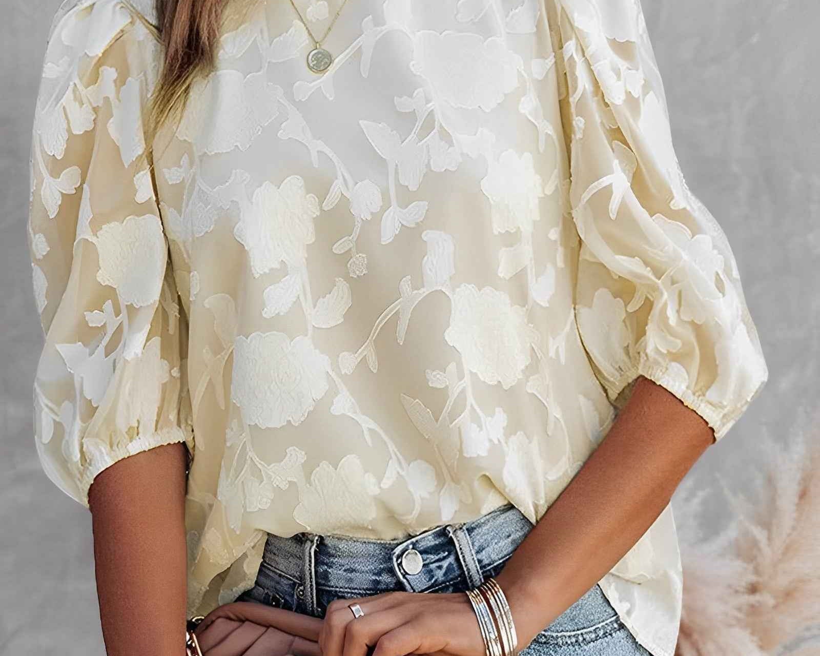 Blouse | Floral Jacquard Summer Top | Elegant Puff Sleeve Design 2