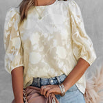 Blouse | Floral Jacquard Summer Top | Elegant Puff Sleeve Design 2