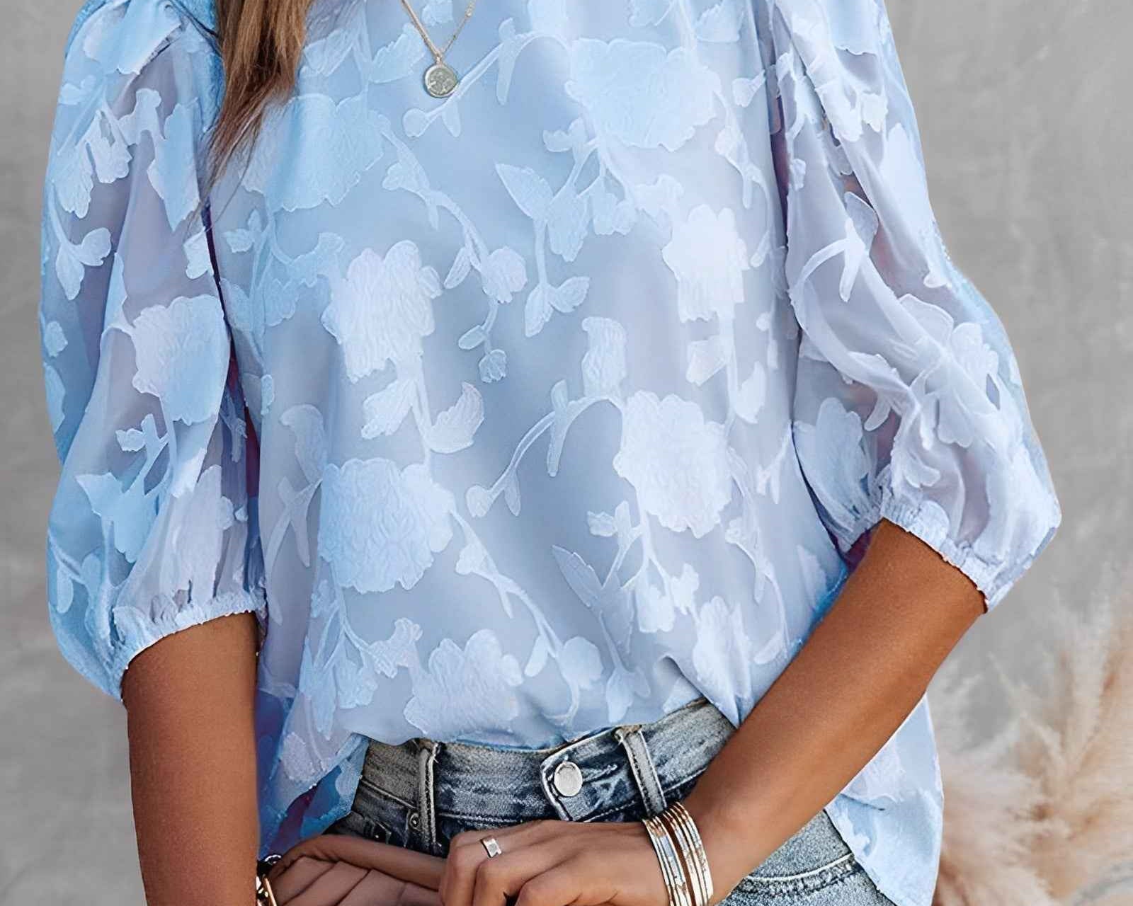 Blouse | Floral Jacquard Summer Top | Elegant Puff Sleeve Design 3