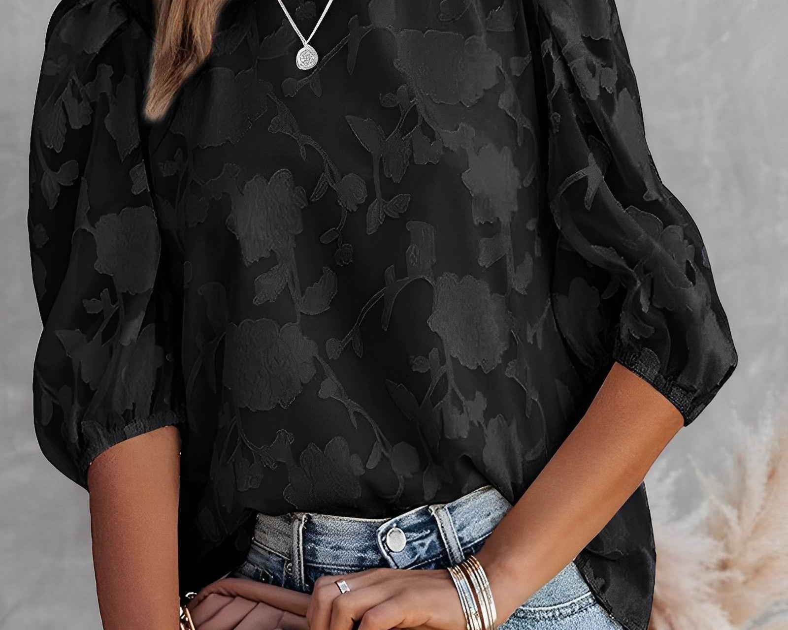 Blouse | Floral Jacquard Summer Top | Elegant Puff Sleeve Design 4