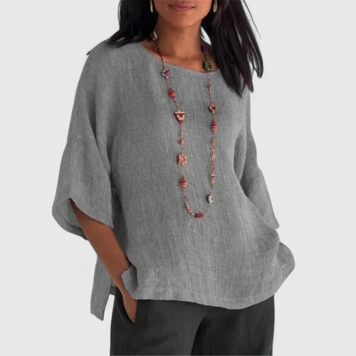 Blouse | Round Neck 3/4 Sleeve | Relaxed Comfortable Style | Versatile Chic Top 1