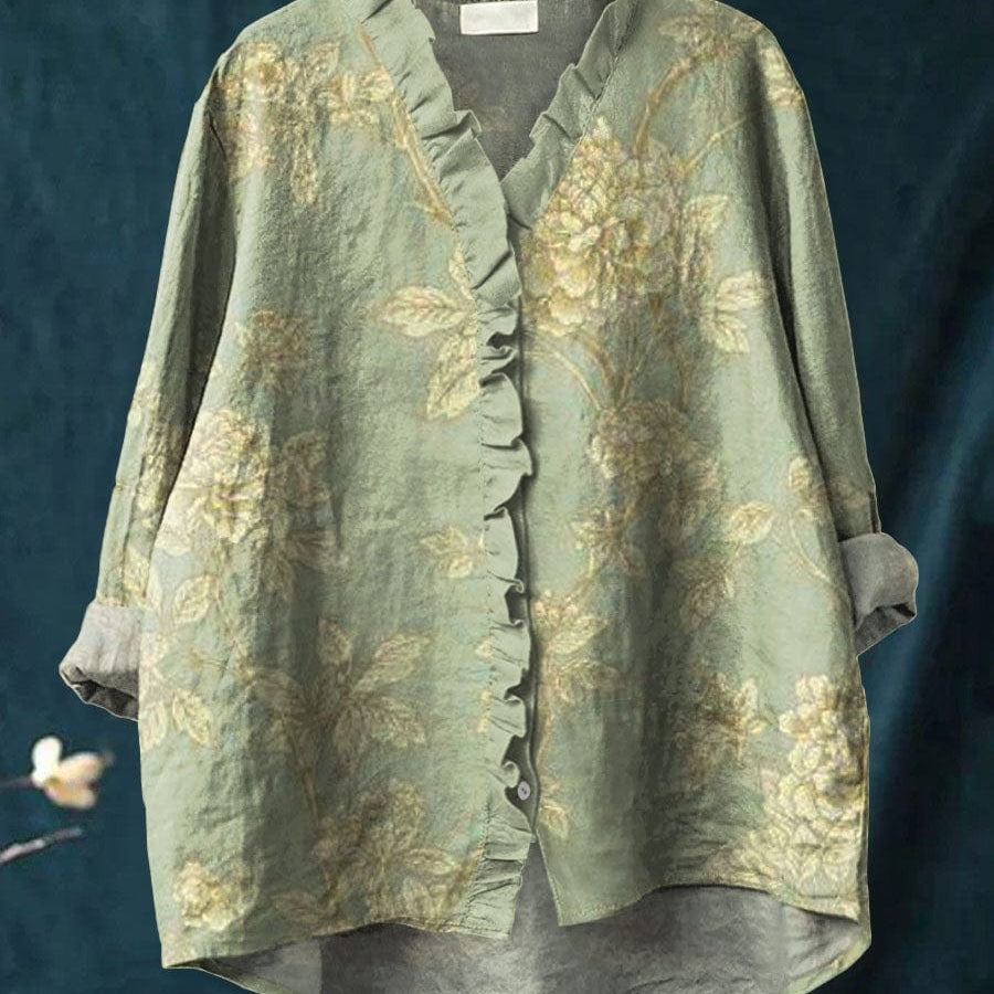 Blouse | Vintage Floral Ruffle-Neck Summer Top | Relaxed Fit | Effortlessly Elegant 0