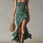Boho Floral Maxi Dress with Gathered Sleeves & Side Slit for Effortless Summer Style 0