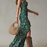 Boho Floral Maxi Dress with Gathered Sleeves & Side Slit for Effortless Summer Style 1