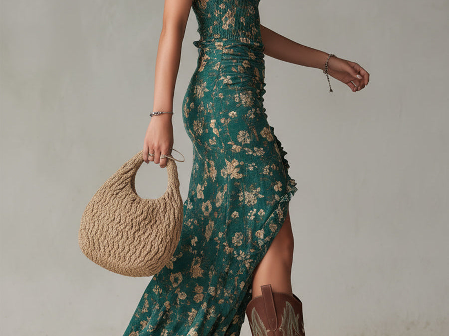 Boho Floral Maxi Dress with Gathered Sleeves & Side Slit for Effortless Summer Style 1