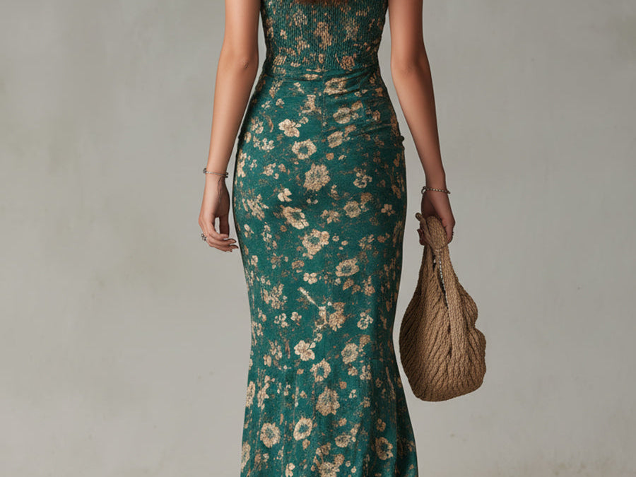Boho Floral Maxi Dress with Gathered Sleeves & Side Slit for Effortless Summer Style 2