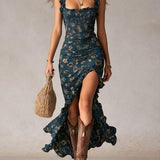 Boho Floral Maxi Dress with Gathered Sleeves & Side Slit for Effortless Summer Style 3