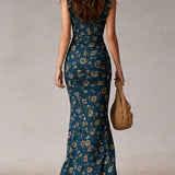 Boho Floral Maxi Dress with Gathered Sleeves & Side Slit for Effortless Summer Style 4
