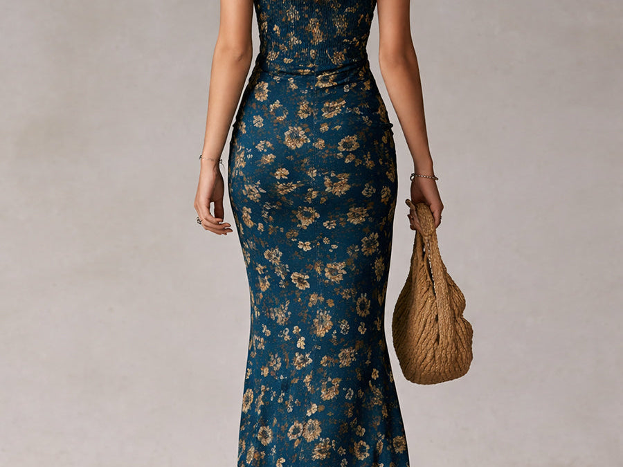 Boho Floral Maxi Dress with Gathered Sleeves & Side Slit for Effortless Summer Style 4