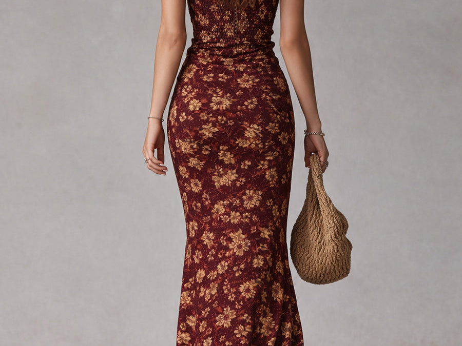 Boho Floral Maxi Dress with Gathered Sleeves & Side Slit for Effortless Summer Style 6