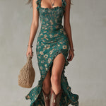Boho Floral Maxi Dress with Gathered Sleeves & Side Slit for Effortless Summer Style 7