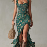 Boho Floral Maxi Dress with Gathered Sleeves & Side Slit for Effortless Summer Style 7