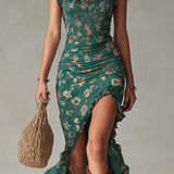 Boho Floral Maxi Dress with Gathered Sleeves & Side Slit for Effortless Summer Style 8