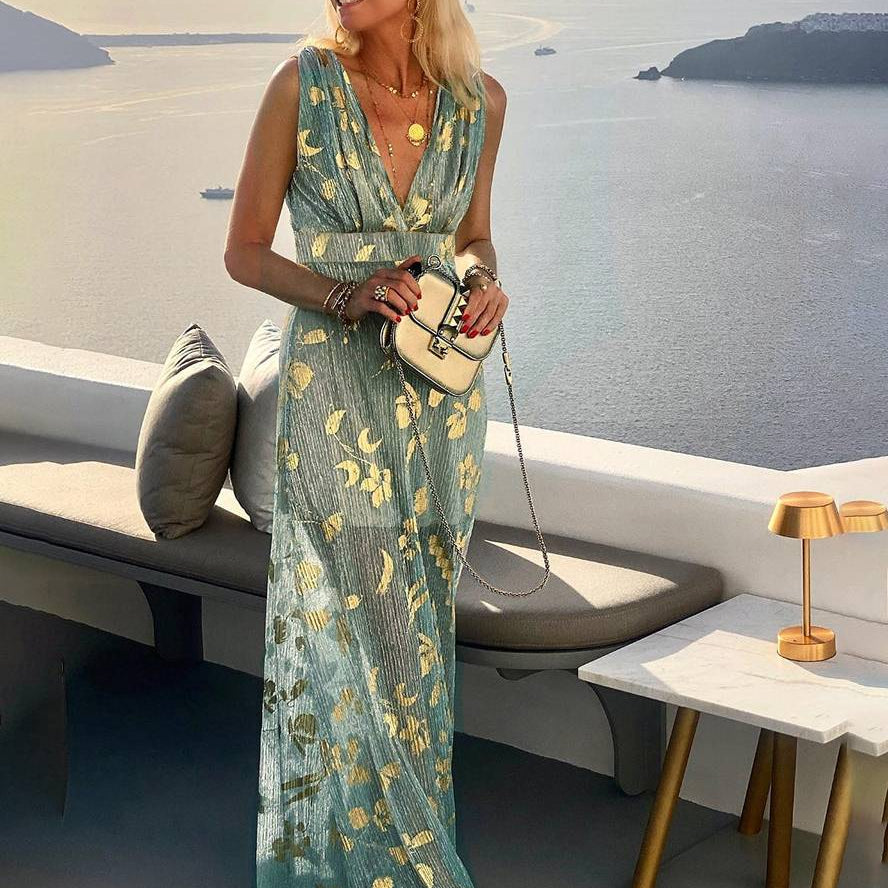 Women's Sleeveless Sequin V-Neck Evening Maxi Dress