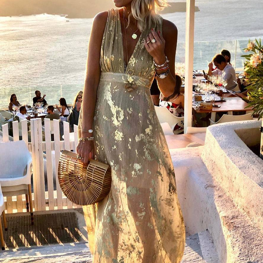 Women's Sleeveless Sequin V-Neck Evening Maxi Dress