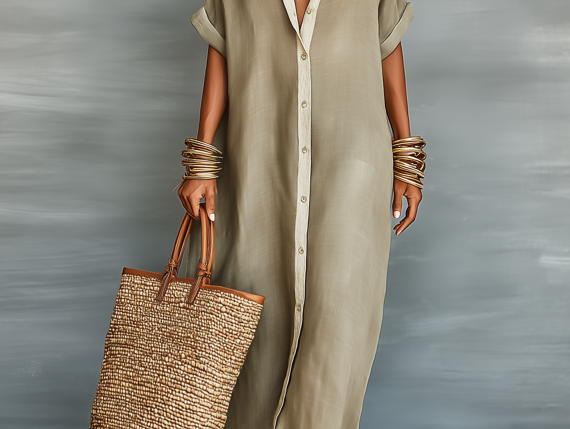 Casual Maxi Dress | Classic Collar Long Summer Dress with Rolled Sleeves and Relaxed Fit 0