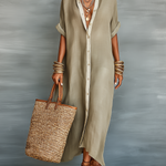 Casual Maxi Dress | Classic Collar Long Summer Dress with Rolled Sleeves and Relaxed Fit 0