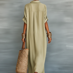 Casual Maxi Dress | Classic Collar Long Summer Dress with Rolled Sleeves and Relaxed Fit 1