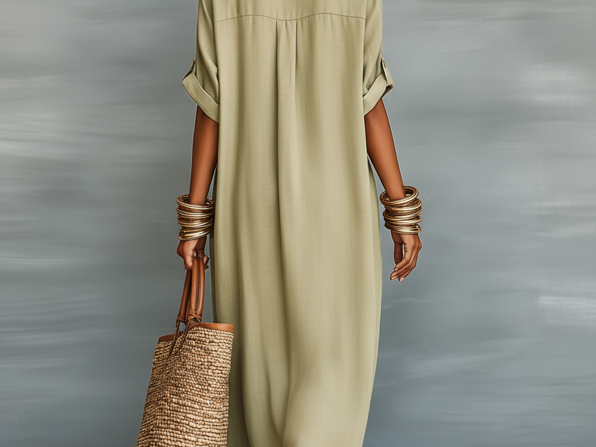 Casual Maxi Dress | Classic Collar Long Summer Dress with Rolled Sleeves and Relaxed Fit 1
