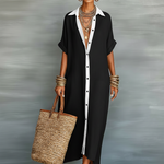 Casual Maxi Dress | Classic Collar Long Summer Dress with Rolled Sleeves and Relaxed Fit 2