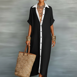 Casual Maxi Dress | Classic Collar Long Summer Dress with Rolled Sleeves and Relaxed Fit 2
