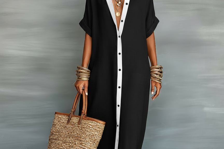 Casual Maxi Dress | Classic Collar Long Summer Dress with Rolled Sleeves and Relaxed Fit 2