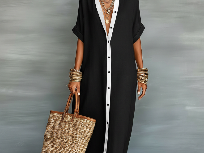 Casual Maxi Dress | Classic Collar Long Summer Dress with Rolled Sleeves and Relaxed Fit 2