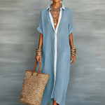 Casual Maxi Dress | Classic Collar Long Summer Dress with Rolled Sleeves and Relaxed Fit 3