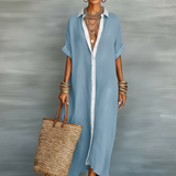 Casual Maxi Dress | Classic Collar Long Summer Dress with Rolled Sleeves and Relaxed Fit 3