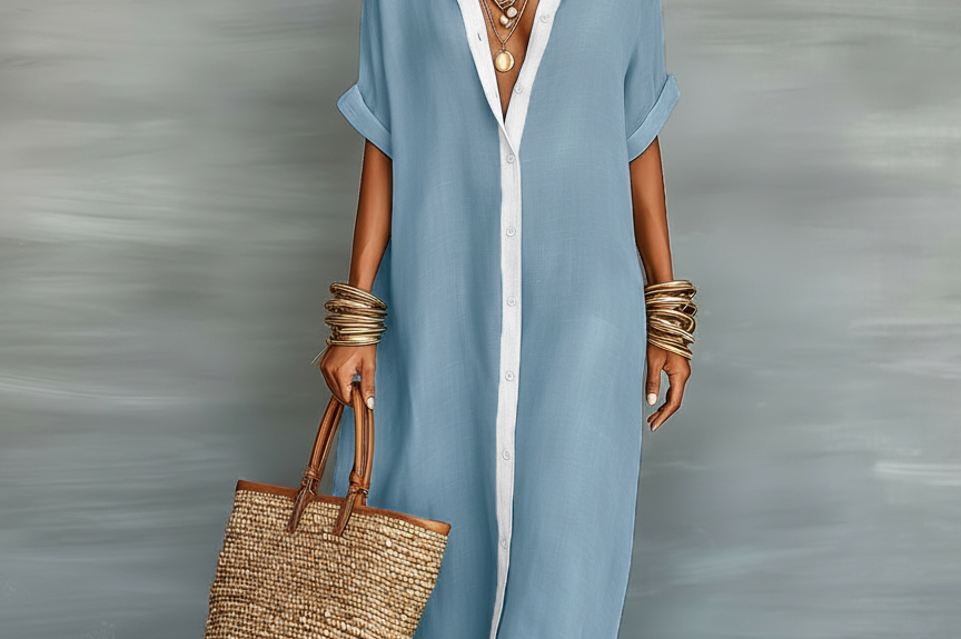 Casual Maxi Dress | Classic Collar Long Summer Dress with Rolled Sleeves and Relaxed Fit 3