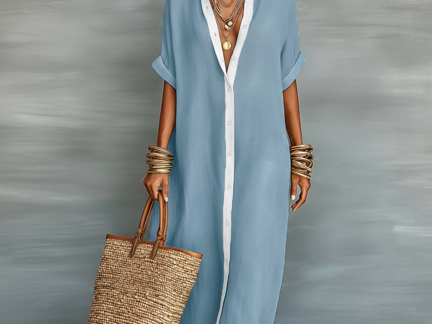 Casual Maxi Dress | Classic Collar Long Summer Dress with Rolled Sleeves and Relaxed Fit 3