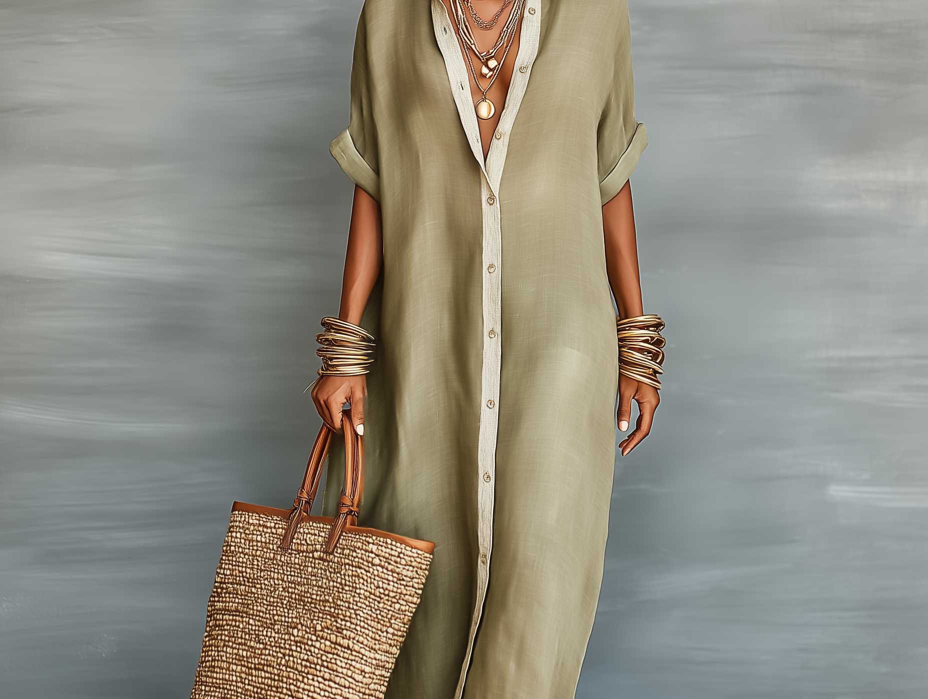 Casual Maxi Dress | Classic Collar Long Summer Dress with Rolled Sleeves and Relaxed Fit 4