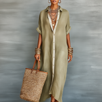 Casual Maxi Dress | Classic Collar Long Summer Dress with Rolled Sleeves and Relaxed Fit 4